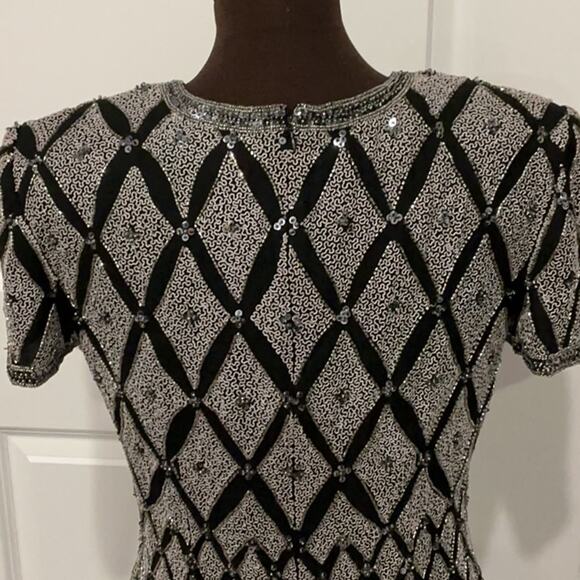 Papell Boutique Black Silver Sequins Blouse Top 100% Silk Glam Bling 90s Size M - Picture 7 of 11